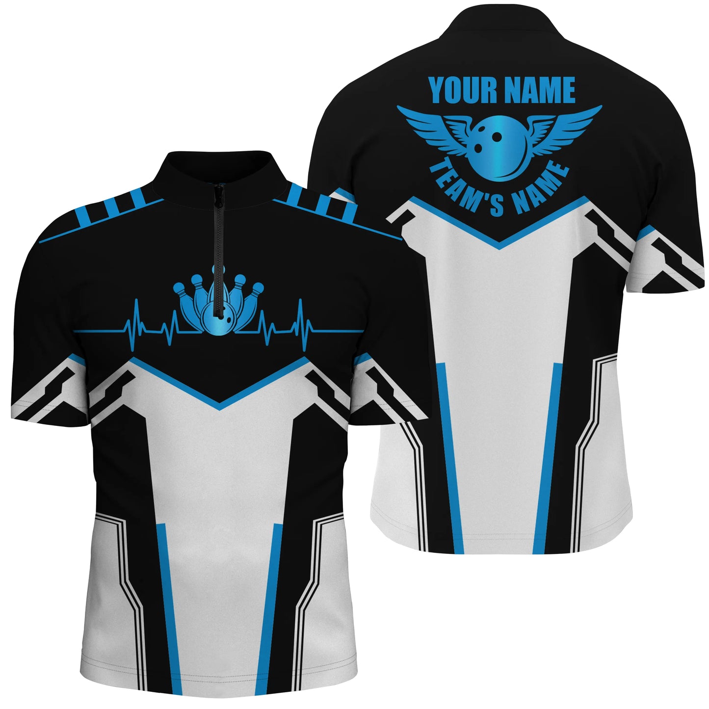 Custom Black white bowling shirt for men – personalized team jersey front view
