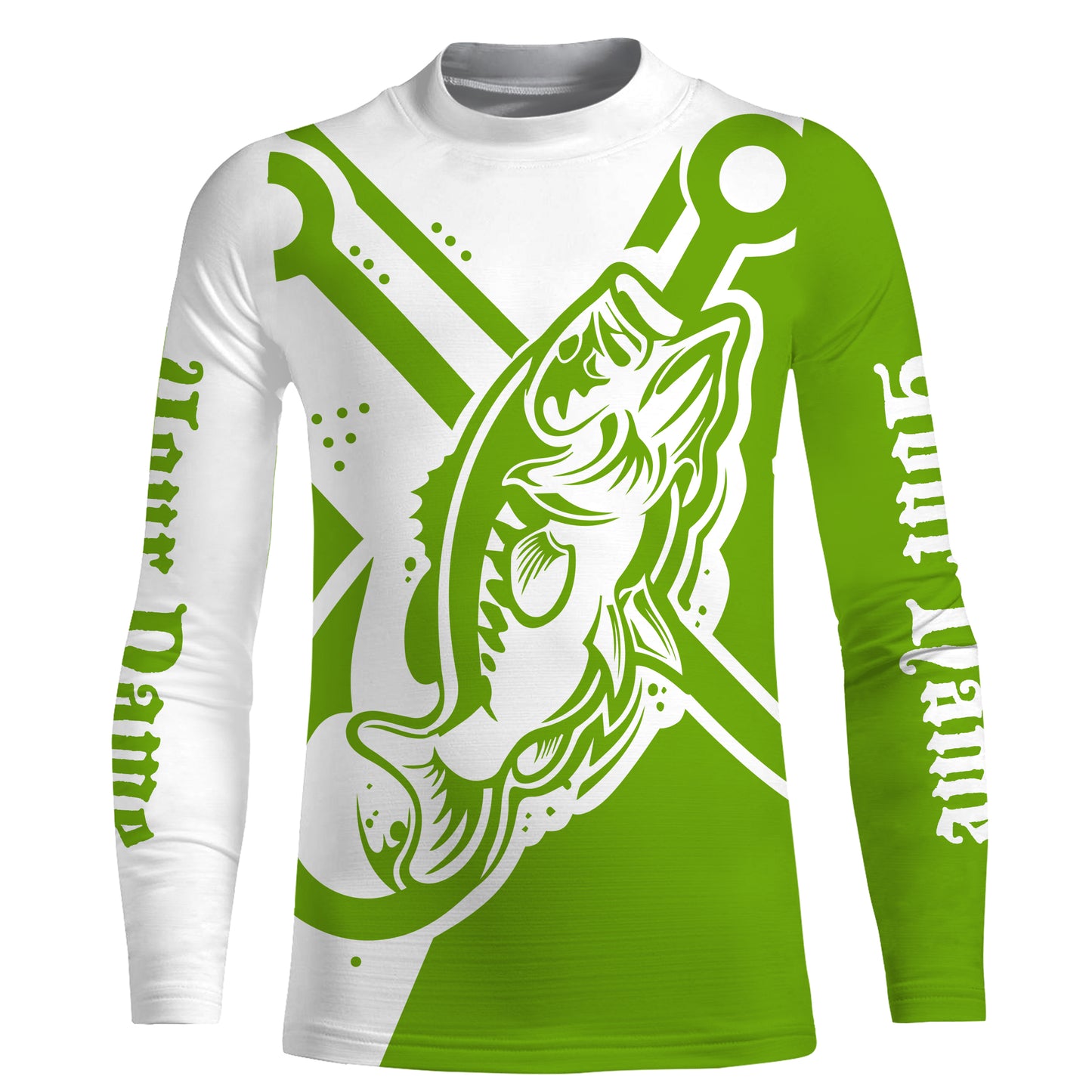 Largemouth bass fishing tattoo fish on Custom Name performance long sleeve fishing shirt | Green NQS3747