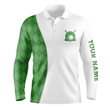 Load image into Gallery viewer, White Mens golf polo shirts custom green argyle plaid pattern golf tops, best mens golf wear NQS7291