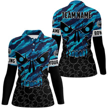 Load image into Gallery viewer, Personalized Skull Bowling Shirt for women Custom Team's Name blue camo Bowler Jersey Polo Shirt NQS6410