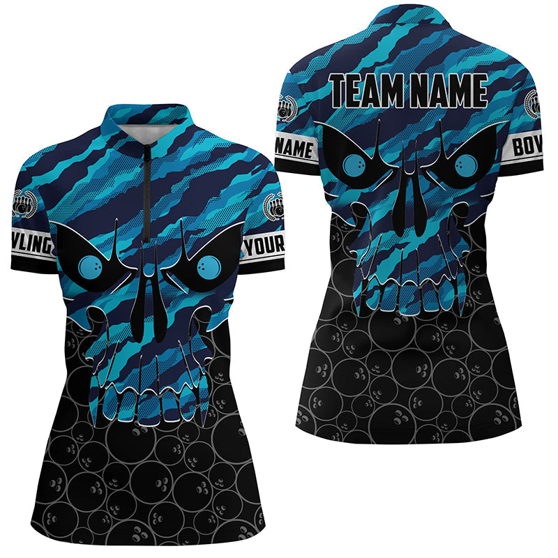 Personalized Skull Bowling Shirt for women Custom Team's Name blue camo Bowler Jersey Quarter Zip NQS6410