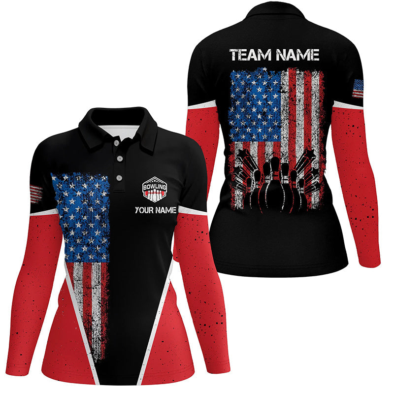 Personalized retro Bowling polo Shirt for women vintage American flag patriotic custom Bowler Jerseys NQS6423
