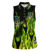 Load image into Gallery viewer, Women sleeveless polos Green clover skull St Patrick's Day golf shirts custom green fire golf apparel NQS7055
