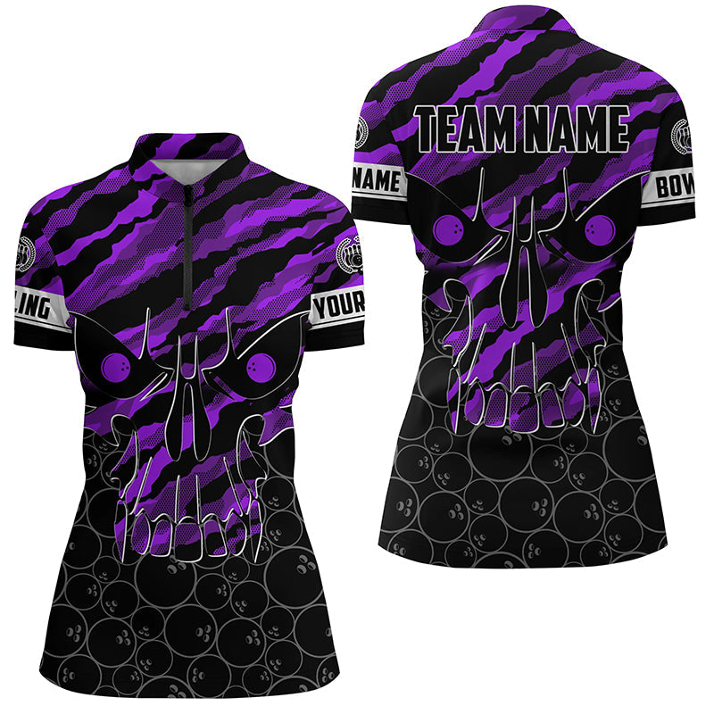 Personalized Skull Bowling Quarter Zip Shirt for women Custom Team's Name Purple camo Bowler Jerseys NQS7322