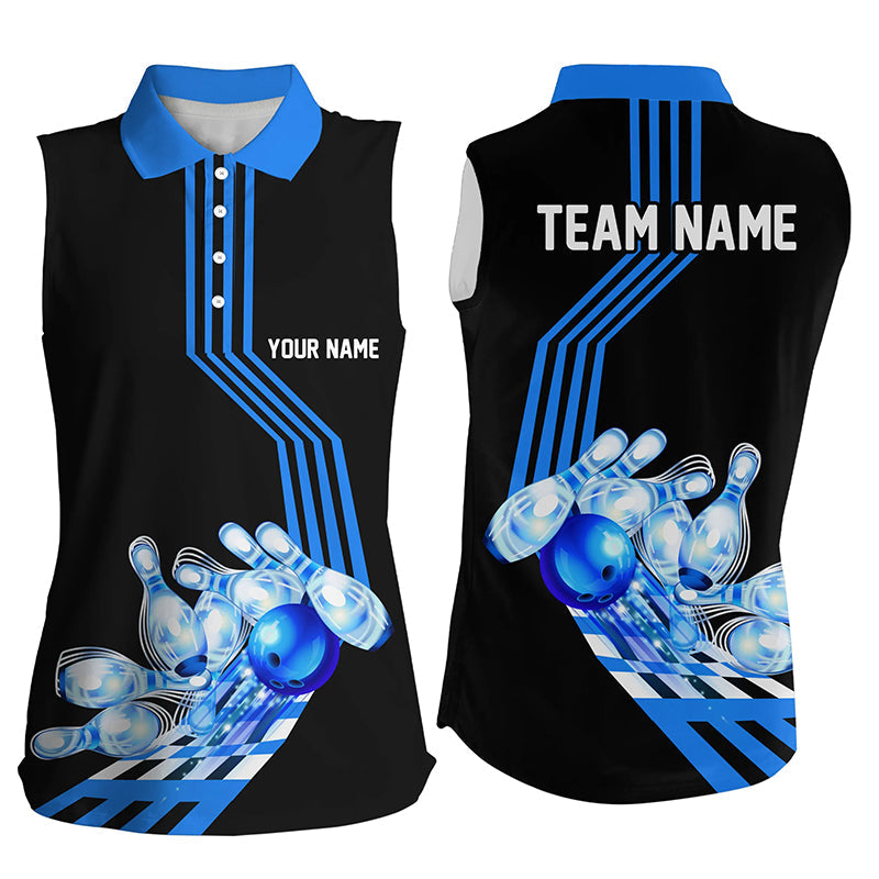 Women Bowling sleeveless Polos Custom Bowling Team league Jerseys, gifts for bowlers | Blue NQS7070