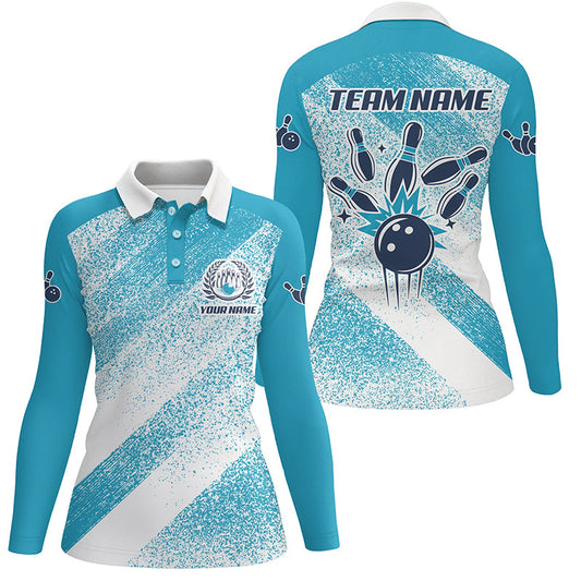 Personalized vintage retro Bowling Polo Shirts For Women custom bowling team League jerseys | Blue NQS6904