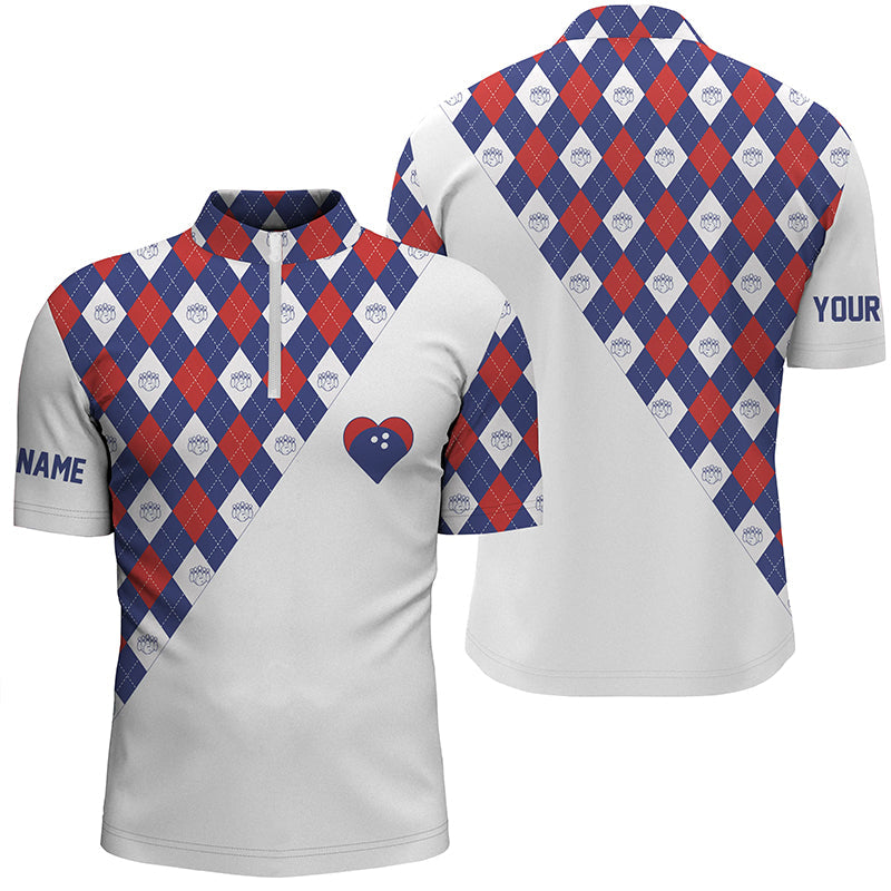 Personalized red white blue argyle pattern bowling Quarter Zip shirts for men, bowling heart jerseys NQS6710