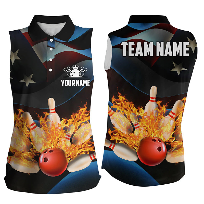 American flag black flame Bowling sleeveless polos For women Custom Patriotic Bowling League Jerseys NQS6715