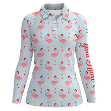 Load image into Gallery viewer, Funny Womens golf polo shirt custom Christmas pattern with tropical winter flamingos in xmas Santa hat NQS6719