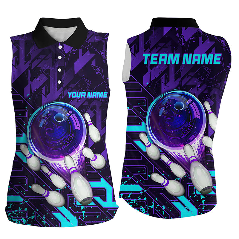 Women sleeveless polo shirts Custom purple blue abstract Bowling Team league Jerseys, bowling gifts NQS7096