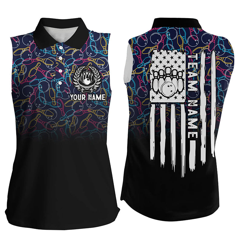 Black bowling camo Women sleeveless polo shirts Custom American flag patriotic bowling team jerseys NQS6759