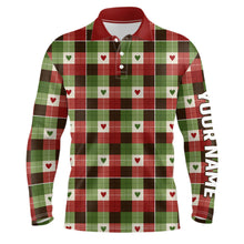 Load image into Gallery viewer, Mens golf polo shirts custom green & red Flat christmas plaid pattern shirts for mens, golfer gifts NQS6584