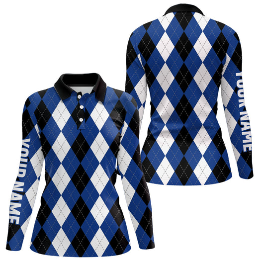 Womens golf polo shirts custom blue argyle plaid pattern golf attire for women, golf gifts NQS6899