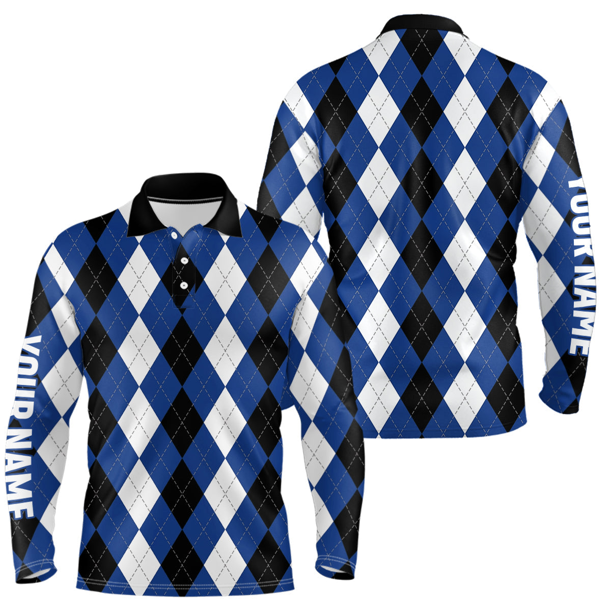Mens golf polo shirts custom blue argyle plaid pattern golf attire for