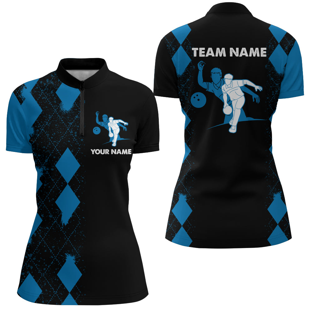 Personalized Bowling Shirt for Women Quarter-Zip, Custom Name Ladies Blue&Black Team Bowling Shirt NBZ161