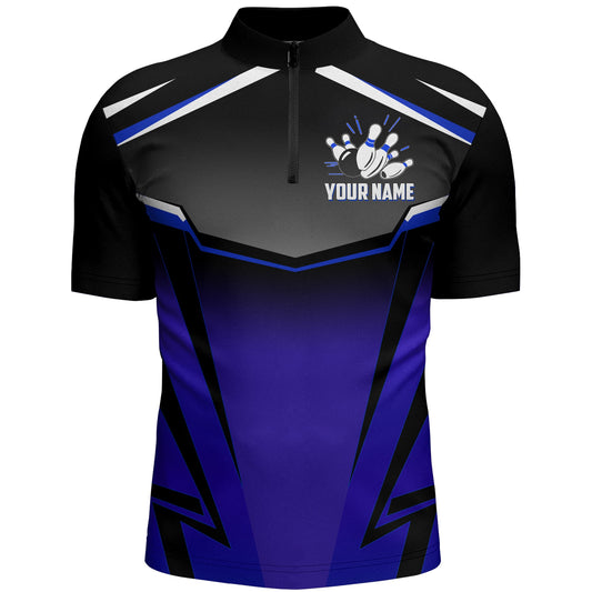 Custom Bowling Shirt for Men, Kingpins Blue Quarter-Zip Bowling Shirt with Name, Men Bowlers Jersey NBZ181