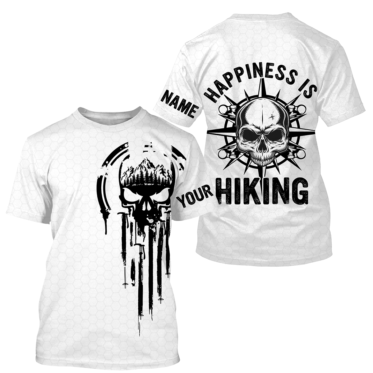 Happiness is Hiking Skull Hiker Shirt Hiking Gifts for Dad Hikers Custom Name Sun Protection Hiking Shirts SP5