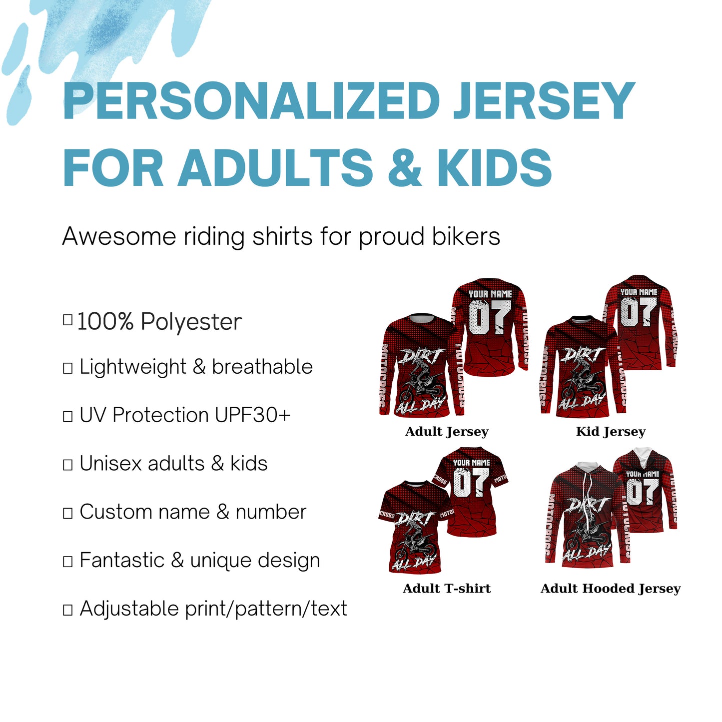 Custom MX racing jersey red Dirt All Day UPF30+ men women kid extreme biker motorcycle shirt PDT87