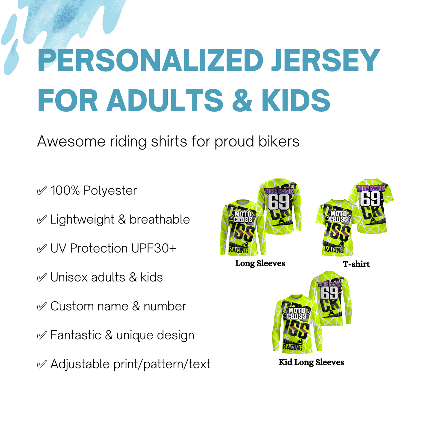 Motocross Racing Jersey Personalized UPF30+, Motorcycle Dirt Bike Racing Off-Road Riders Racewear| NMS432