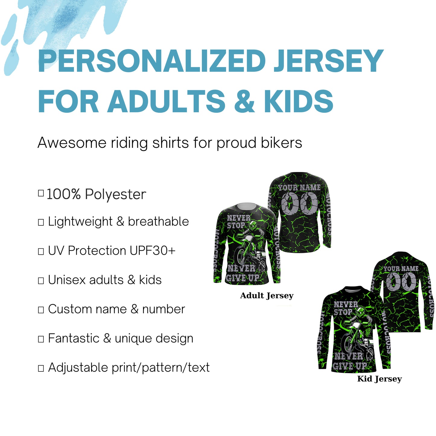 Green Motocross Jersey Personalized UPF30+ Never Stop Dirt Bike Shirt For Boys Racing Motorcycle PDT456
