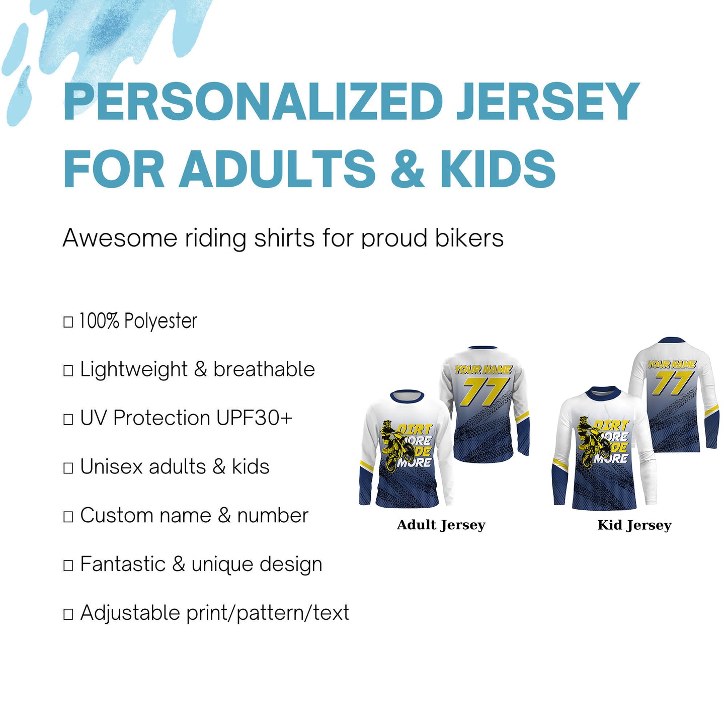 Kid&Adult Custom Motocross Jersey UPF30+ Blue Dirt Bike MX Racing Dirt More Ride More Off-road NMS1288