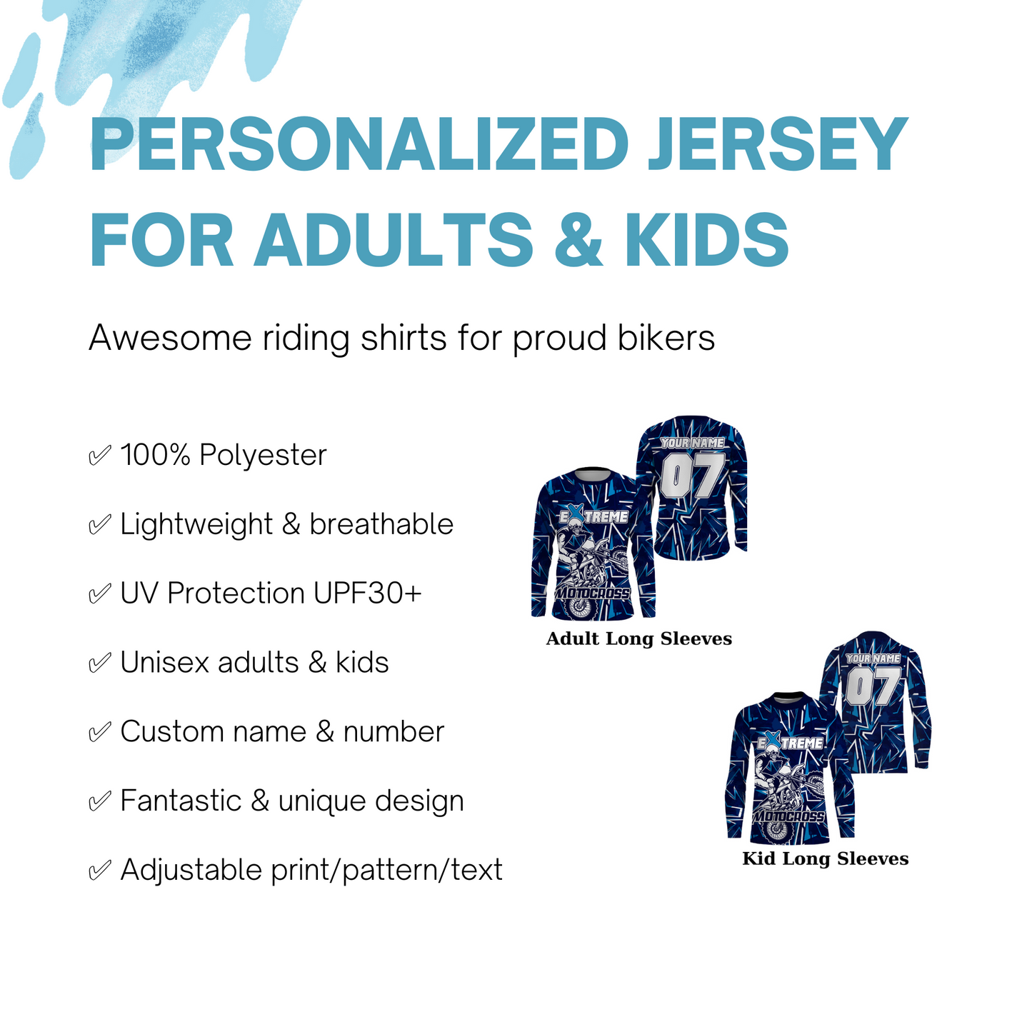 Extreme Motocross skull personalized jersey blue UPF30+ dirt bike long sleeves motorcycle bikers NMS1054