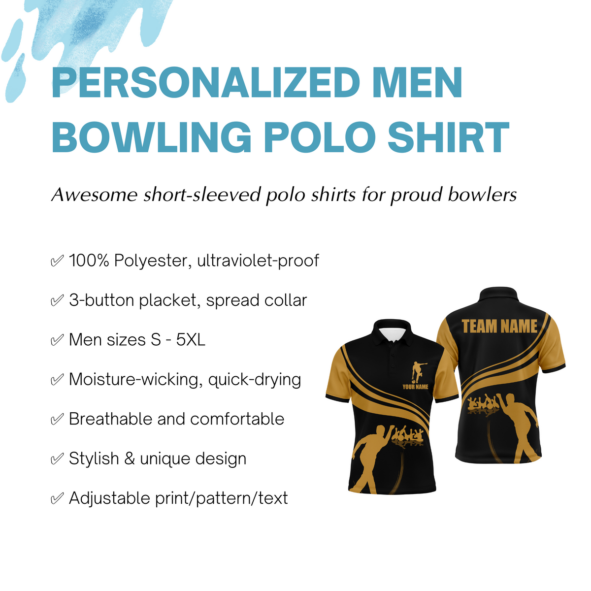 Personalized Men Polo Bowling Shirt Black and Gold Men Bowlers Custom