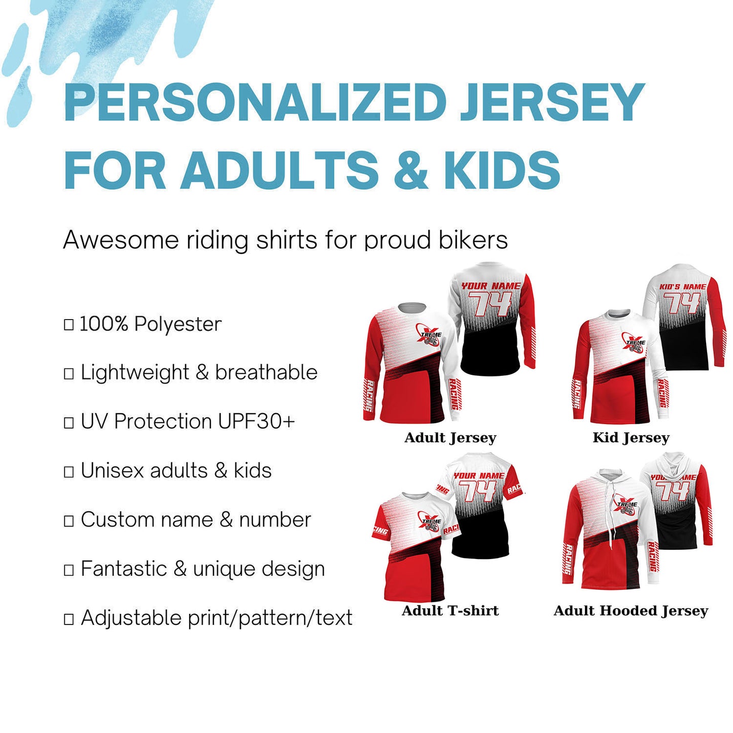 Personalized dirt bike jersey UPF30+ motocross racing red MX youth kid adult shirt motorcycle PDT111