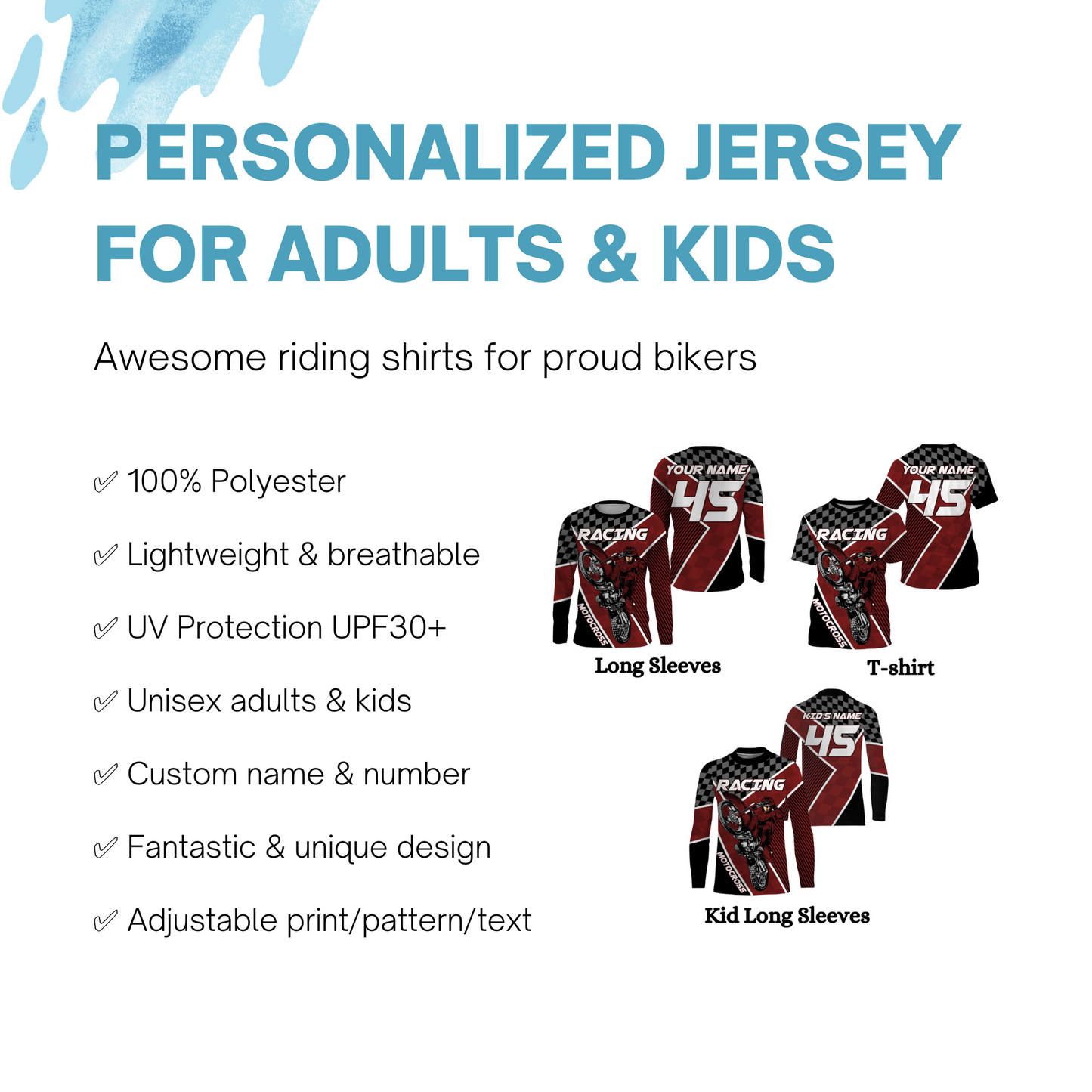 Motocross Racing Jersey Personalized UPF30+, Motorcycle Red Dirt Bike Racing Off-Road Riders Racewear| NMS433