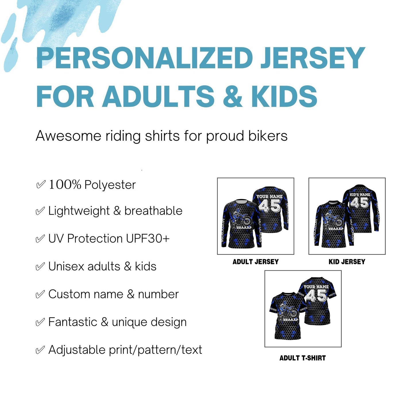 Blue custom name&number off-road jersey Motocross kids men women UPF30+ dirt bike racing motorcycle PDT127