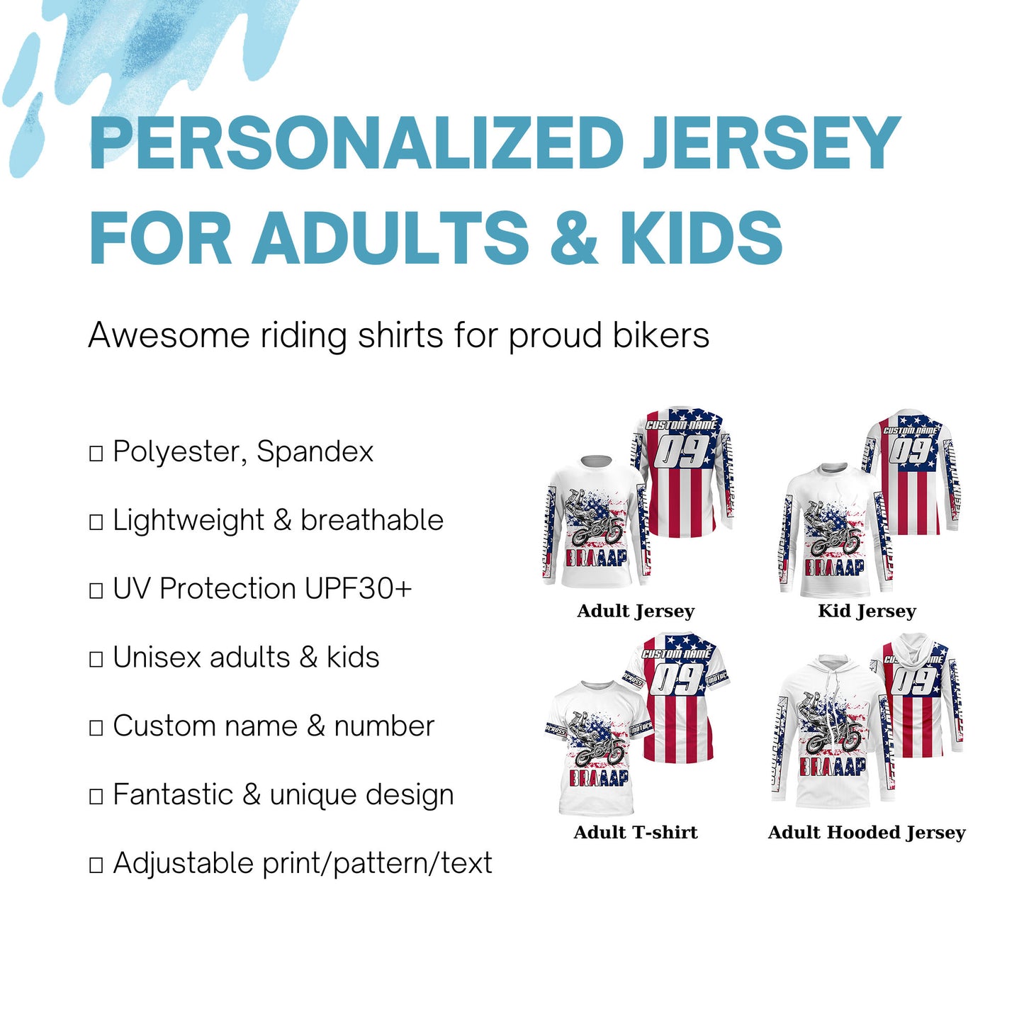 US flag Brap custom motocross jersey kid men women UPF30+ dirt bike Patriotic offroad motorcycle NMS964