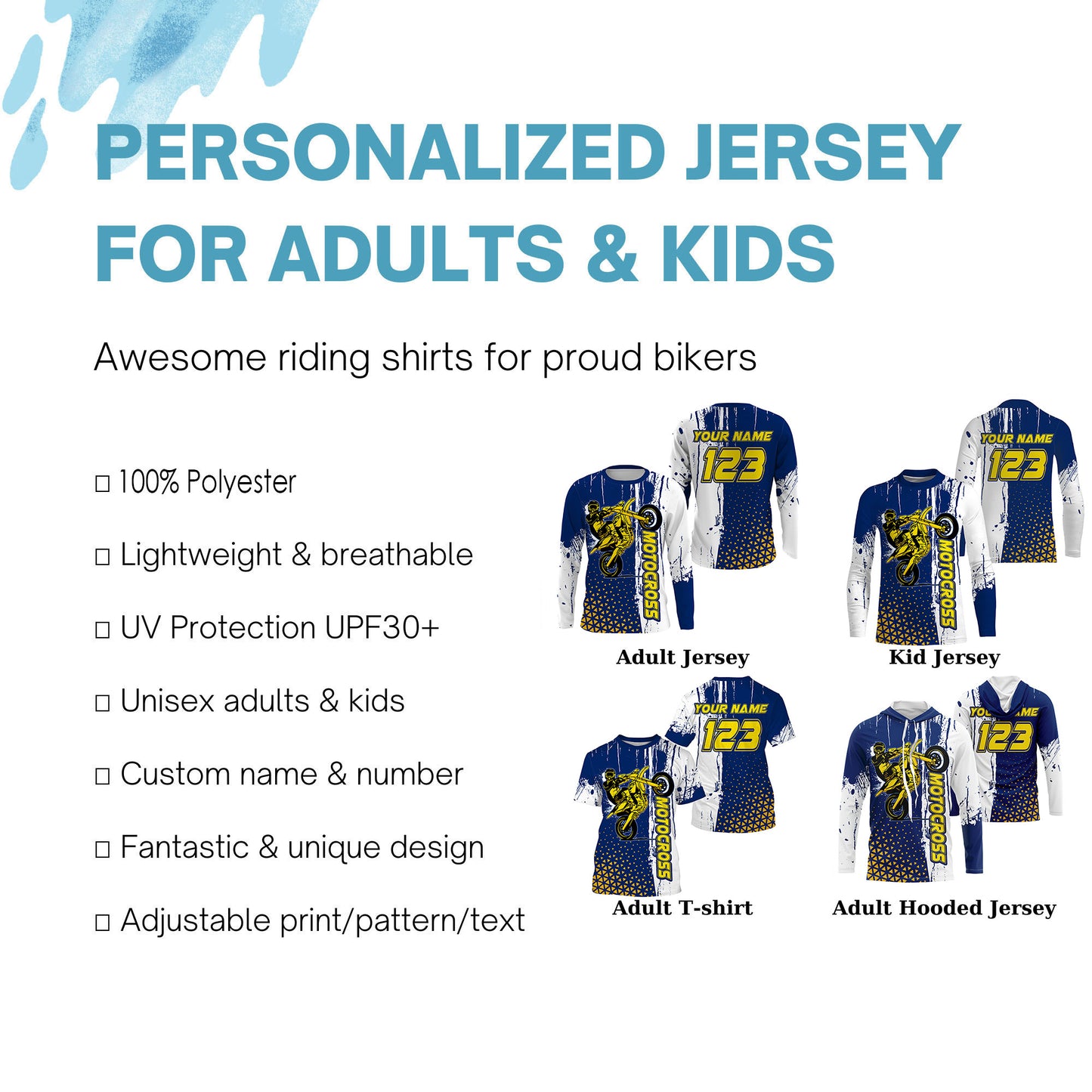 Custom motocross jersey blue kid men women UPF30+ MX racing dirt bike off-road motorcycle racewear NMS989