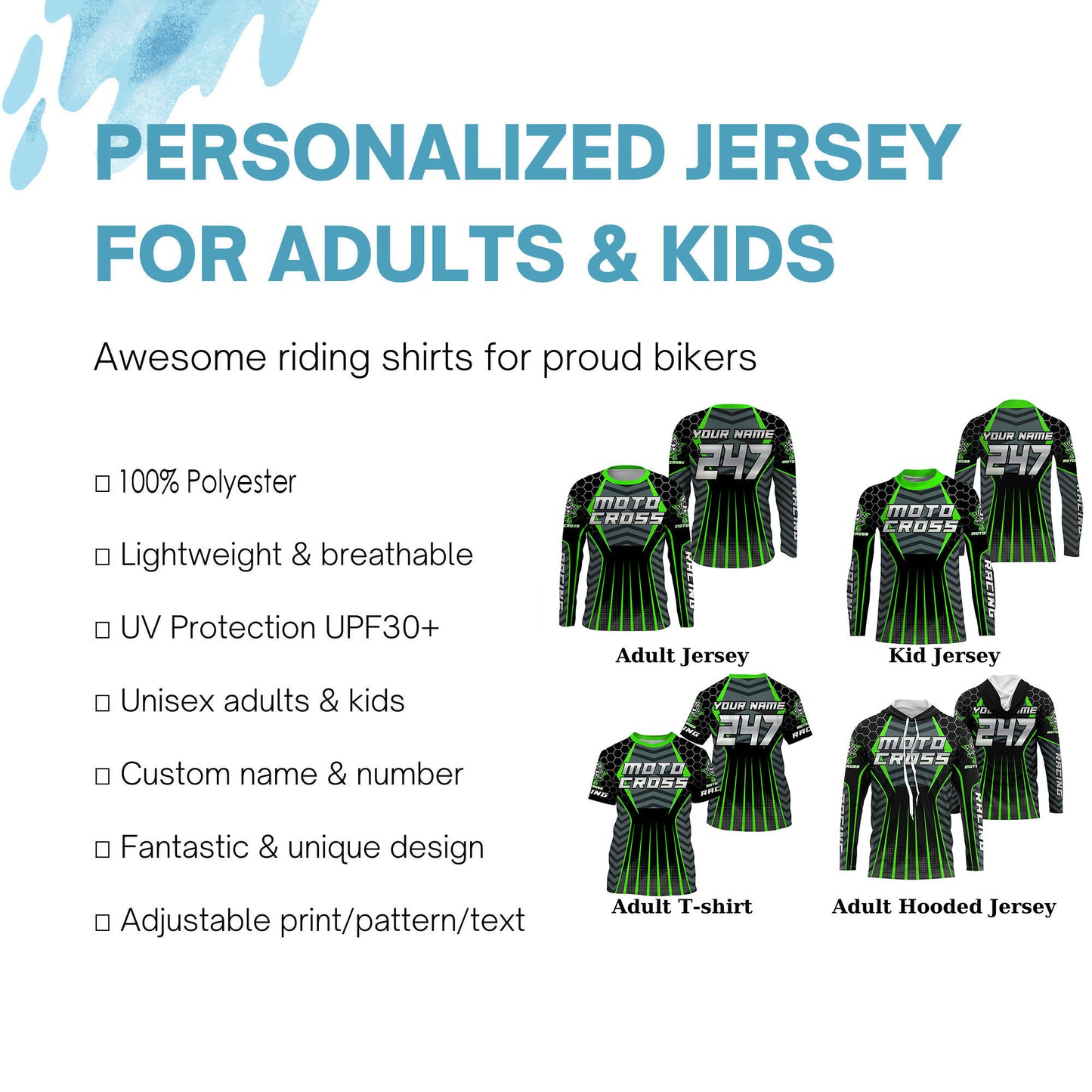 Personalized green Motocross jersey men women kid racing UPF30+ biker off-road motorcycle shirt PDT301