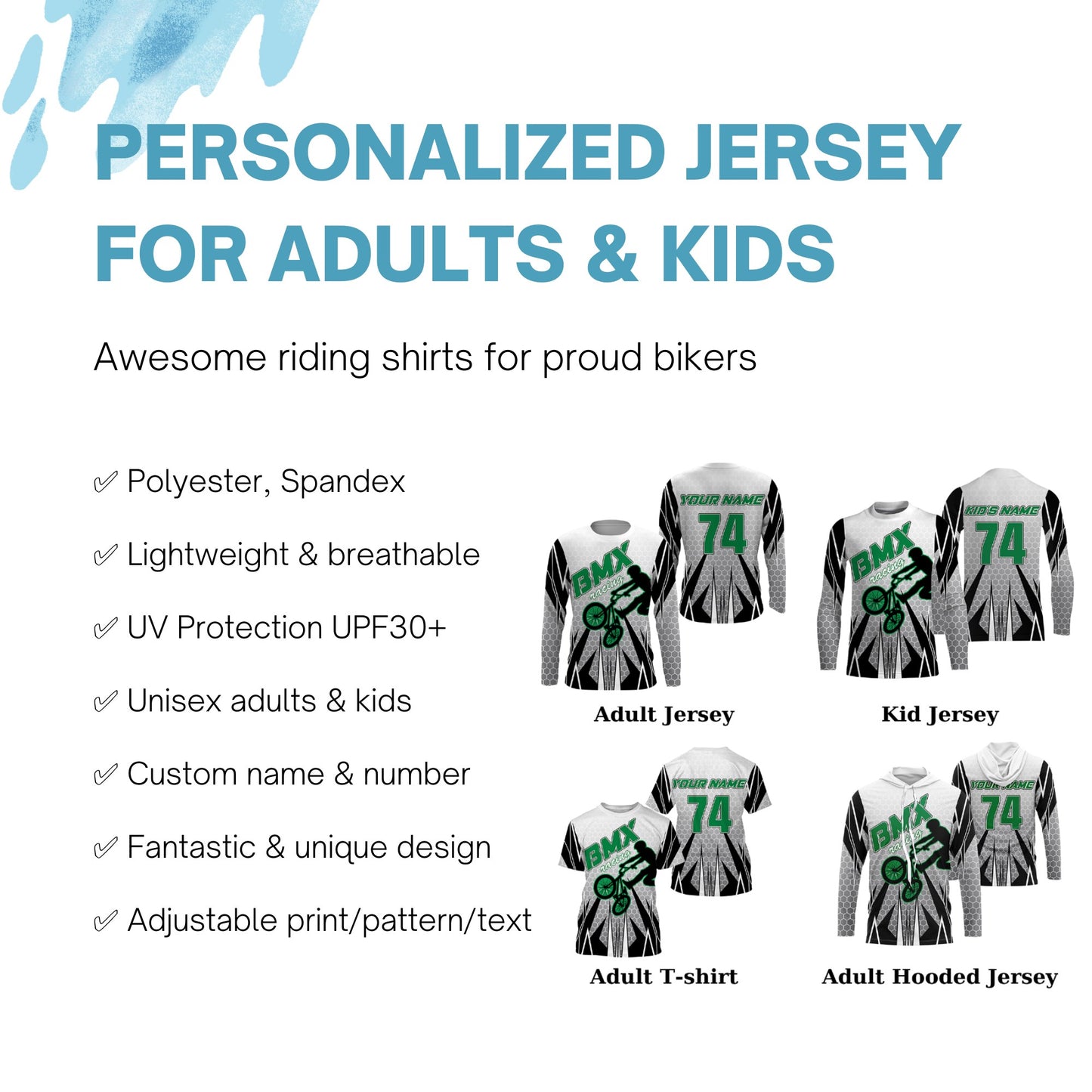 Personalized adult kid BMX racing jersey UPF30+ green freestyle bike shirt offroad Cycling racewear| SLC36