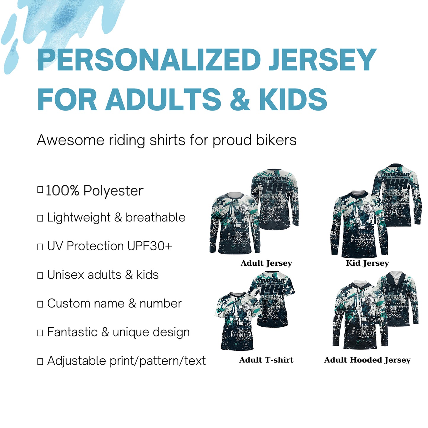 Custom motocross jersey blue camouflage kid men women UPF30+ MX racing dirt bike offroad motorcycle NMS985