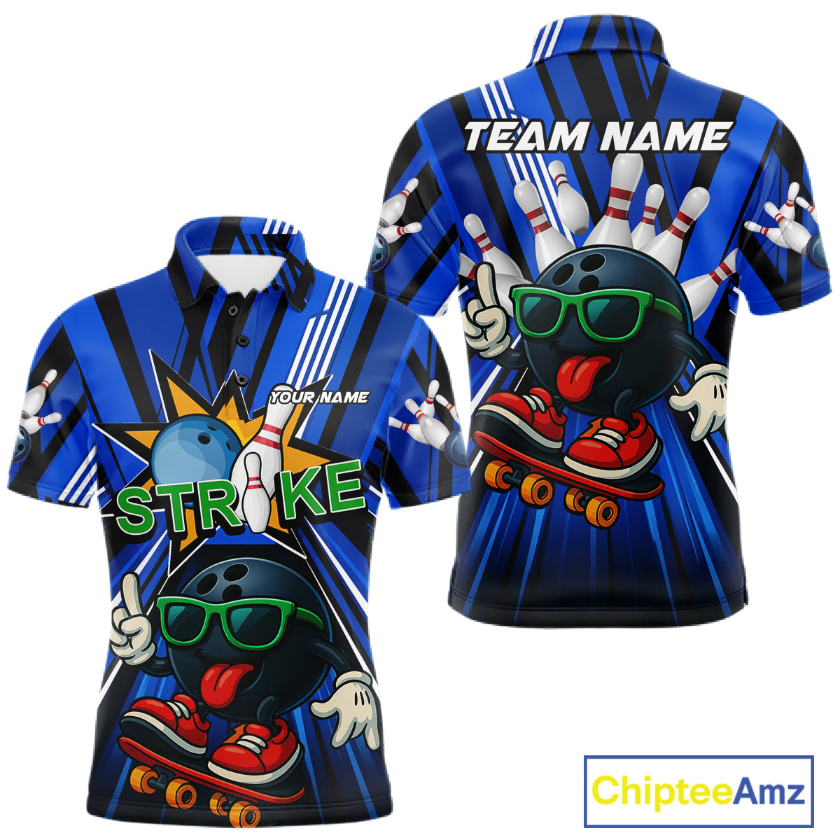 Blue Strikes Funny Bowling Ball Polo Quarter-Zip Shirt For Men Custom Bowling Team Jersey NYN4204