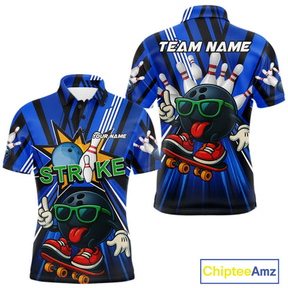 Blue Strikes Funny Bowling Ball Polo Quarter-Zip Shirt For Men Custom Bowling Team Jersey NYN4204