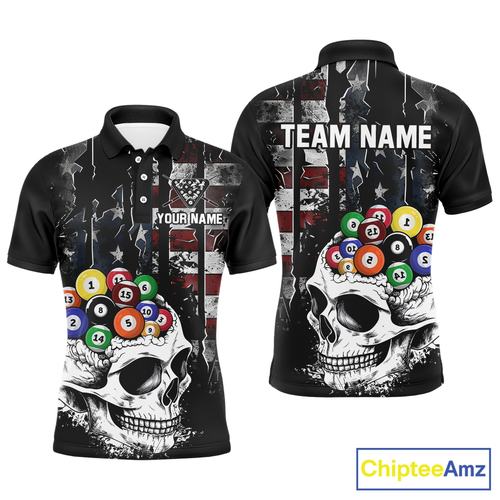 Personalized Skull US Flag Billiard Team Jersey Billiard Shirts for Men Polo & 1/4 Zip NNT42