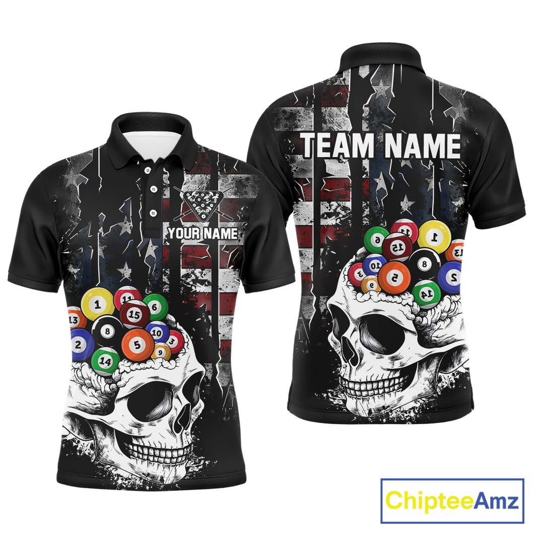 Personalized Skull US Flag Billiard Team Jersey Billiard Shirts for Men Polo & 1/4 Zip NNT42