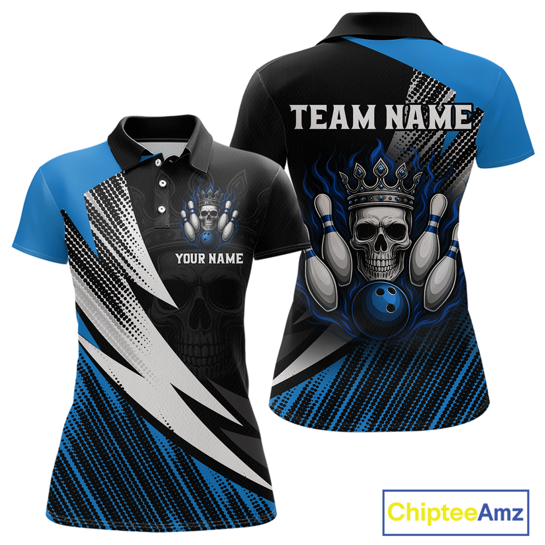 Blue Skull Crown Bowling Custom Women Bowling Shirt Polo & Quarter-Zip Bowling Team Jerseys HNT65