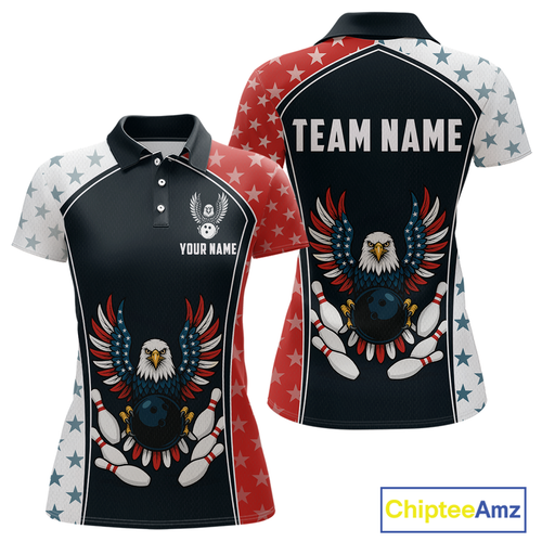 Eagel US Flag Bowling Custom Women Bowling Shirt Polo & Quarter-Zip Bowling Team Jerseys HNT57