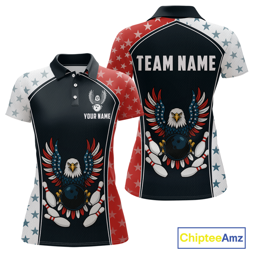 Eagel US Flag Bowling Custom Women Bowling Shirt Polo & Quarter-Zip Bowling Team Jerseys HNT57