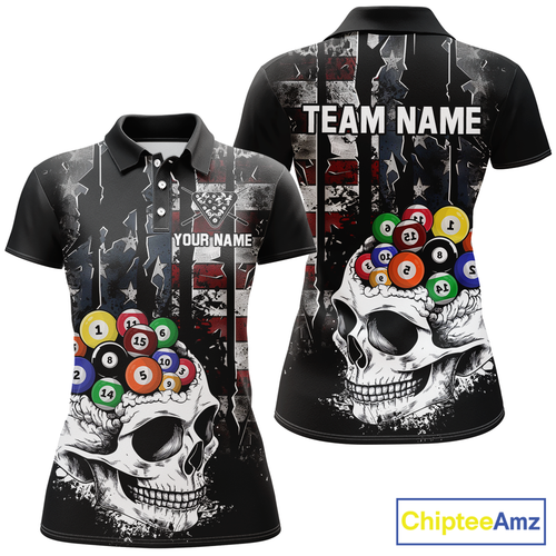 Personalized Skull US Flag Billiard Team Jersey Billiard Shirts for Women Polo & 1/4 Zip Shirts NNT42