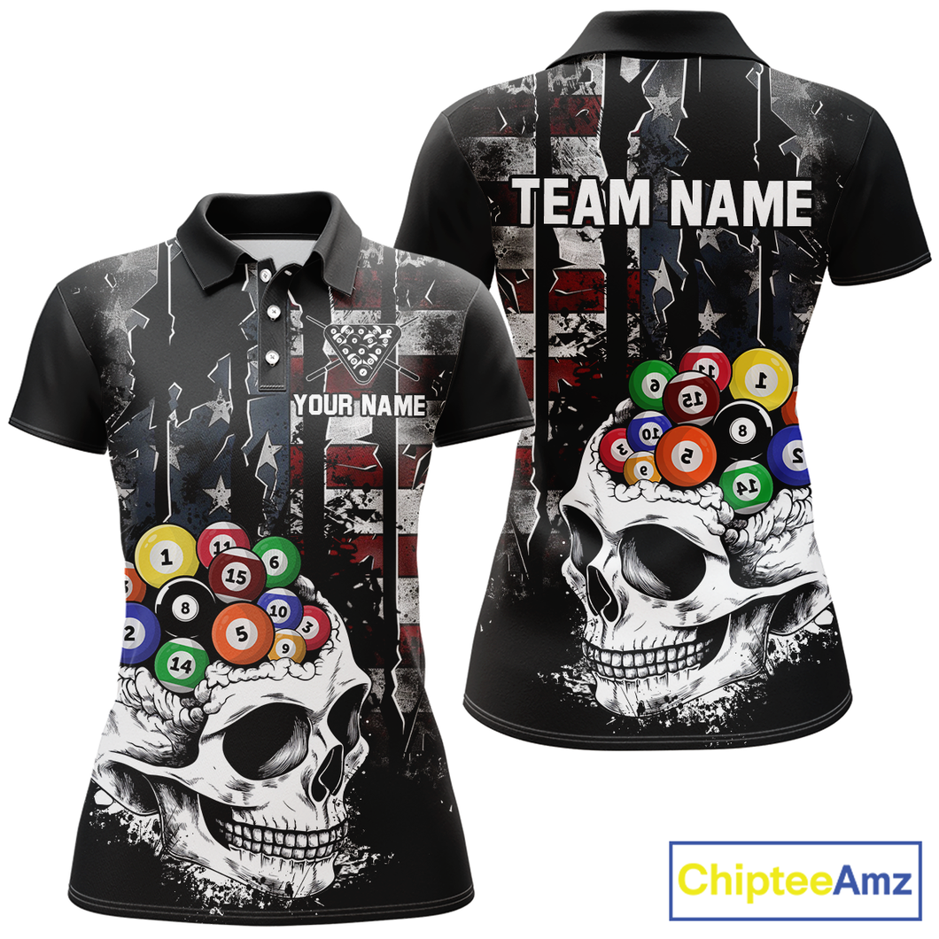 Personalized Skull US Flag Billiard Team Jersey Billiard Shirts for Women Polo & 1/4 Zip Shirts NNT42