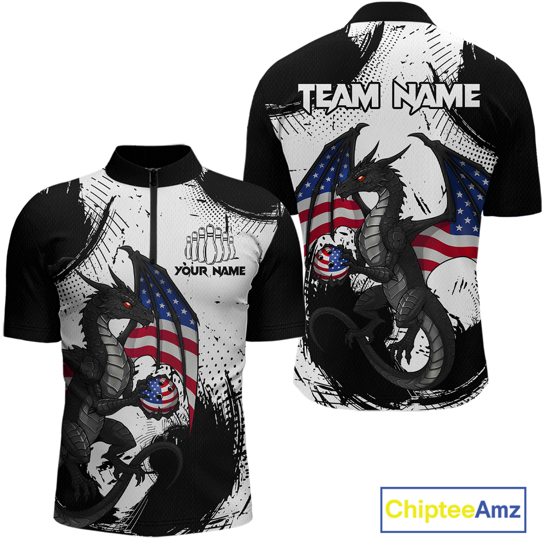 Black & White Quarter-Zip Bowling Team Jersey Custom American Dragon Bowling Shirt Unisex QZT687