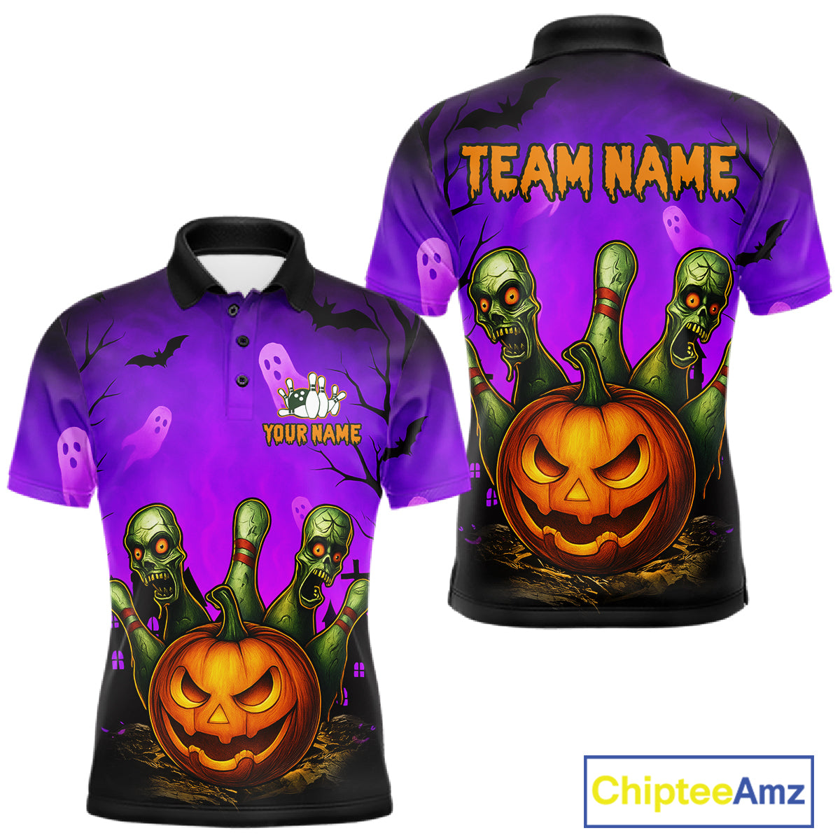 Front and back views of a purple Halloween-themed polo shirt with a black collar and hem, featuring a jack-o'-lantern, green zombies, ghosts, bats, and customizable text placeholders.