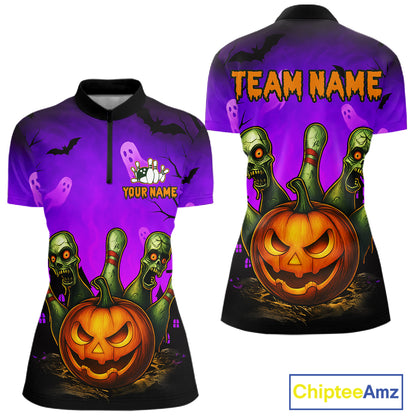 Front and back views of a short-sleeve polo shirt with a Halloween theme. The shirt features a purple background with ghosts, bats, and a large jack-o'-lantern, with four green zombie fingers rising from the ground.
