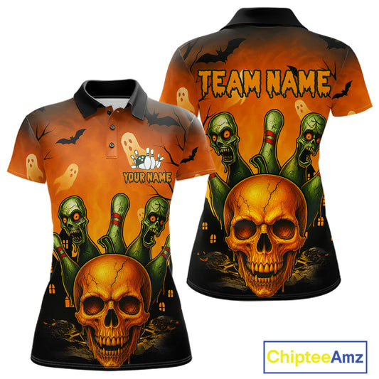 A women's short-sleeve polo shirt shown from the front and back, featuring a Halloween graphic print with a large orange skull, green zombie bottles, ghosts, bats, and the text 'TEAM NAME' and 'YOUR NAME'. The shirt has a black collar and cuffs, and is displayed on a white background with a ChipteeAmz watermark in the bottom right corner.