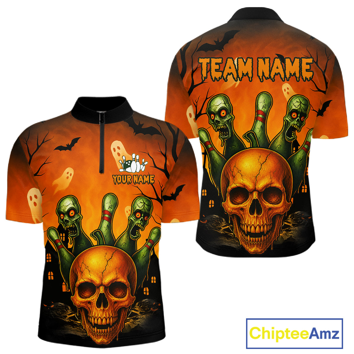 Front and back views of a short-sleeve quarter-zip jersey with a Halloween theme, featuring a large skull, green zombie bowling pins, ghosts, bats, and 'TEAM NAME' and 'YOUR NAME' text on an orange background.