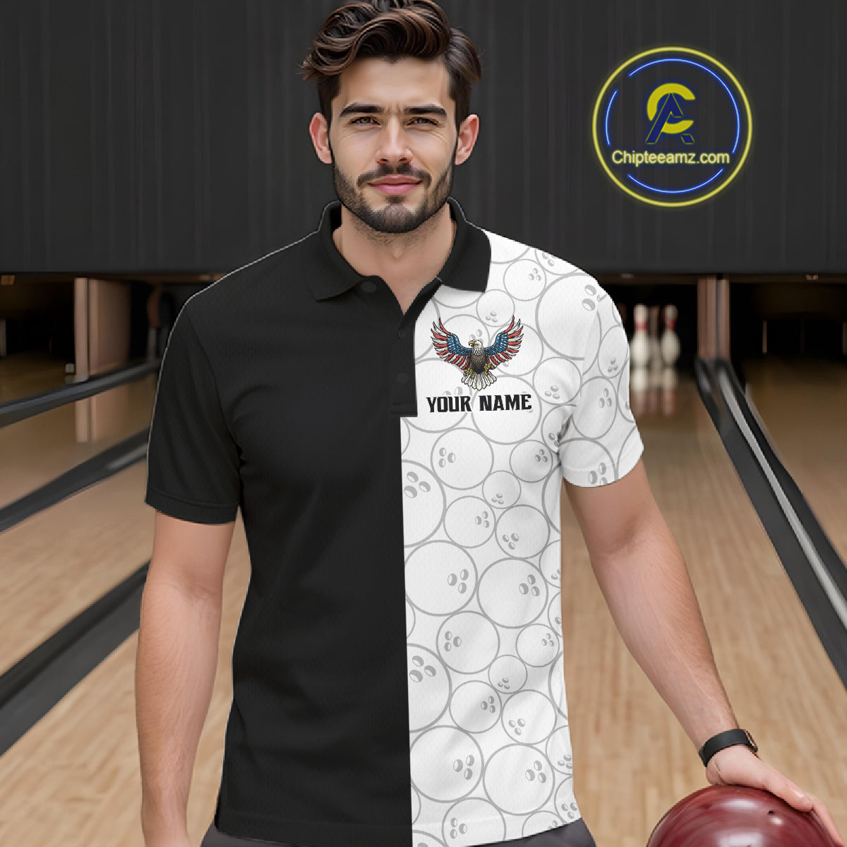 Custom Black White Bowling Shirt for Men American Flag Eagle Bowling Team Jersey QZT1255